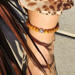 Buddah Head Yoga Anklet Bracelet Natural Wood Silver Human Face